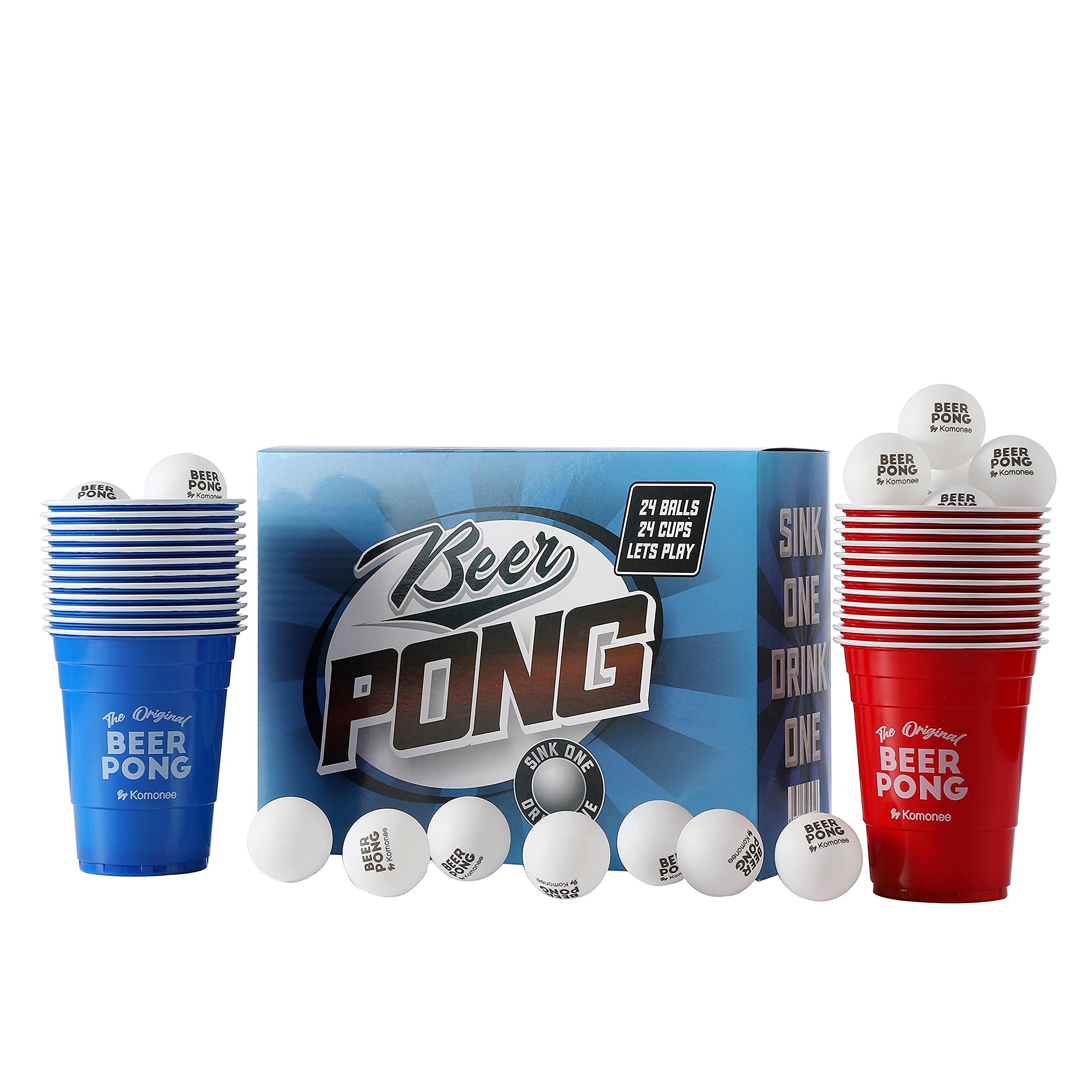 Komonee Beer Pong Set 48 PCS American Adult Indoor Novelty Party Drinking Game 24 Printed Red and Blue Re-usable Cups and 24 High Bounce ABS White Balls