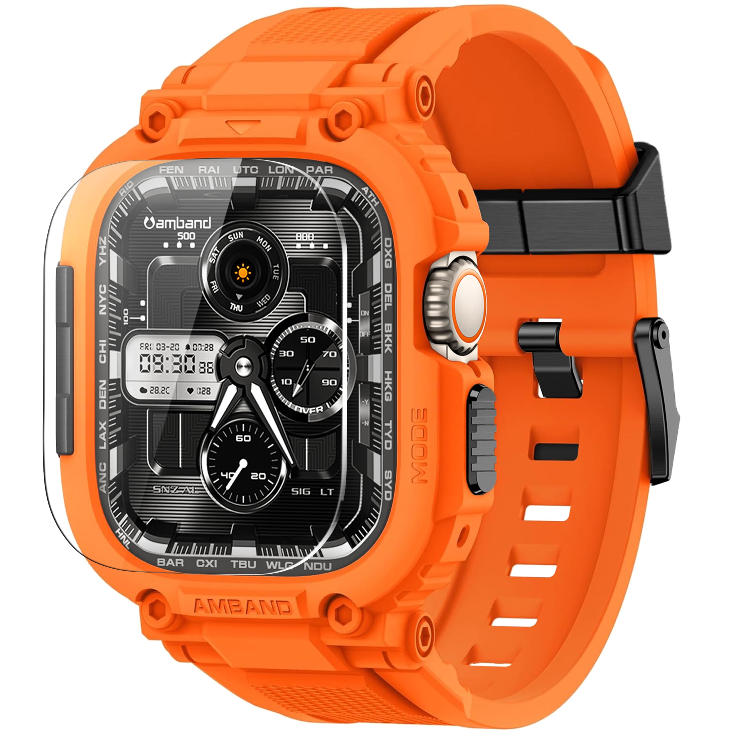 Photo 1 of amBand Bands Case Screen Protector Compatible with Apple Watch Ultra 2/1 49mm, M1 Sport Series Rugged Cover Strap and 9H Tempered Glass Film, Protective Bumper for iWatch 49 mm Men Orange