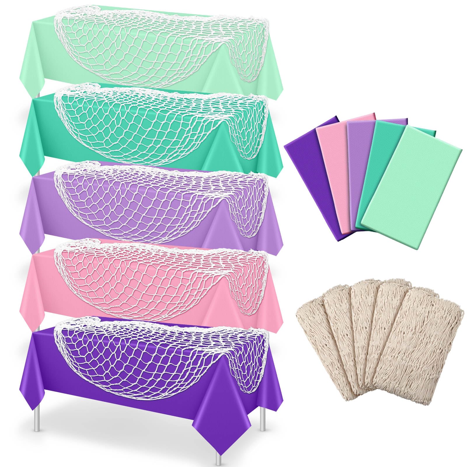 Photo 1 of Unittype 10 Pcs Fish Net Decorative and Tablecloth Set, Cotton Fishnet and Plastic Table Cover Decorations Set for Nautical Themed Party Baby Shower Pirate Decorations Mermaid Party (Mermaid Colors)