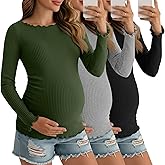 Sweetyweee 3 Pack Women's Maternity Ribbed Shirts Cotton Long Sleeve Pregnancy Tops Lettuce Trim Side Ruched Tees Clothes