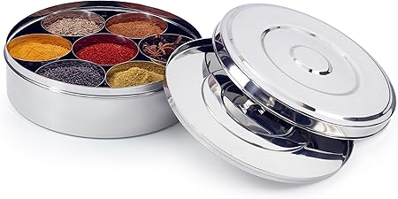 Zinel - Caja para Especias Masala Dabba, con 7 Compartimentos y 2 Tapas de Acero Inoxidable, 20 cm.: Amazon.es: Hogar