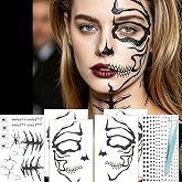 NOOEPC Glitter Skull Temporary Tattoos Face Gems Halloween Face Tattoos | Skeleton Costume Women Halloween Skeleton Face Tattoo, Fake Tattoos Skeleton Makeup Men Women Halloween Costumes Accessories