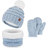 Toddler Kids Winter Warm Knit Beanie Hat Neck Warmer Scarf Gloves Set with Pompom Gifts for 2 3 4 5 6Years Old Girls Boys