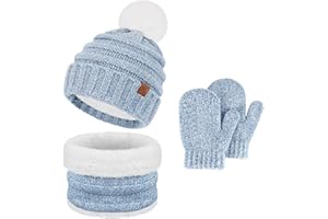 FZ FANTASTIC ZONE Toddler Kids Winter Warm Knit Beanie Hat Neck Warmer Scarf Gloves Set with Pompom Gifts for 2 3 4 5 6Years Old Girls Boys