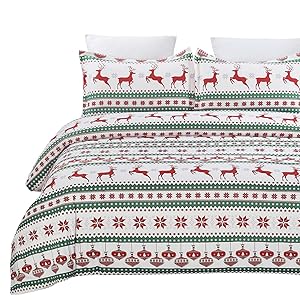 Vaulia Lightweight Microfiber Duvet Cover Set, Printed Reindeer Pattern for Christmas New Year Holidays, Red/Green - King