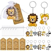 90 Pcs Safari Baby Shower Party Favors 30 Sets Cute Jungle Animal Keychains Baby Shower Prizes Zoo Animals Keychains with Thank You Kraft Tags and White Organza Bags for Birthday Party Decorations