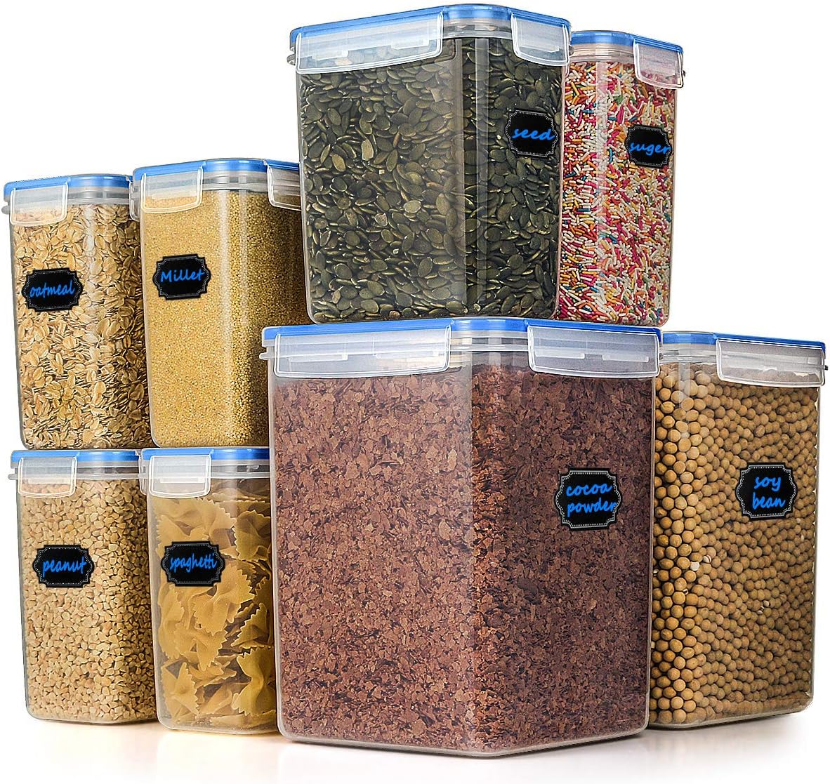 Food Storage Containers - Hangoes Cereal & Dry Airtight Plastic Containers, Set of 8 Kitchen Containers 175.9 Oz/ 54.1 Oz with 1 Measuring Cup & 20 Chalkboard Labels & 1 Liquid Chalk Marker