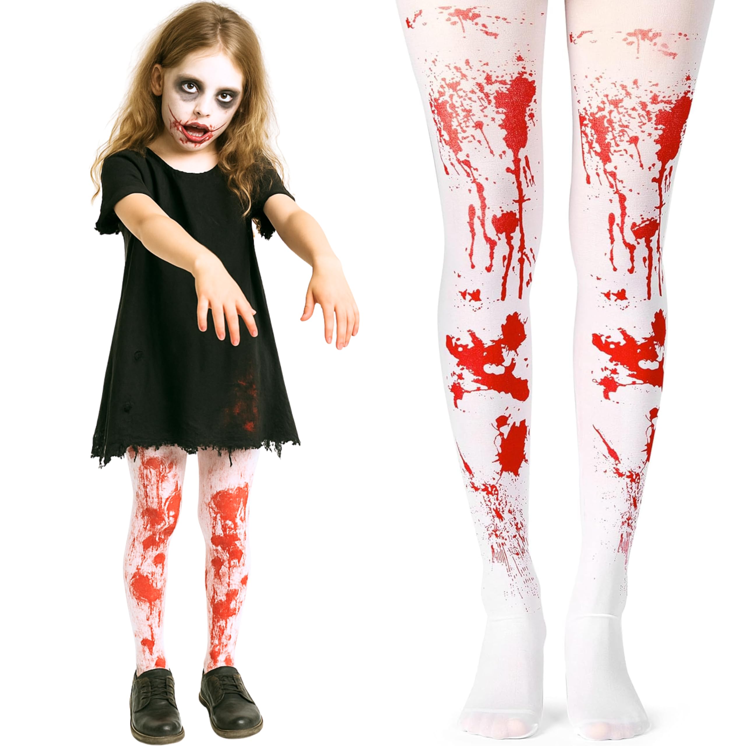 Girls Blood Stained Tights for Kids Halloween Costumes - Red and White Blood Stained Tights for Ages 7-12 - 1 Pair of Bloody Stockings for Zombie Girls Halloween Costumes Accessories