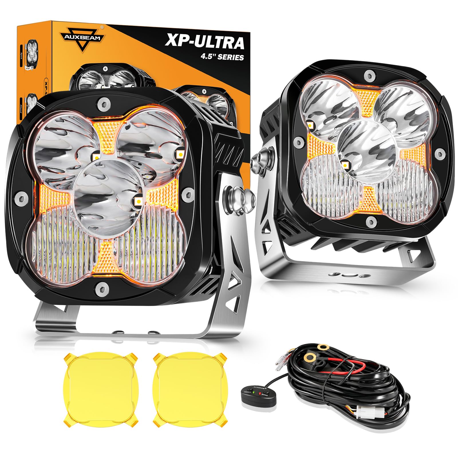 Photo 1 of Auxbeam XP-Ultra Series 4.5'' Led Pods with DRL, Spot Flood Combo Offroad Lights 128W 15200LM, Fog Light Bar with Amber Covers and 20°+120° Angle, Cube Ditch Lights, Pair