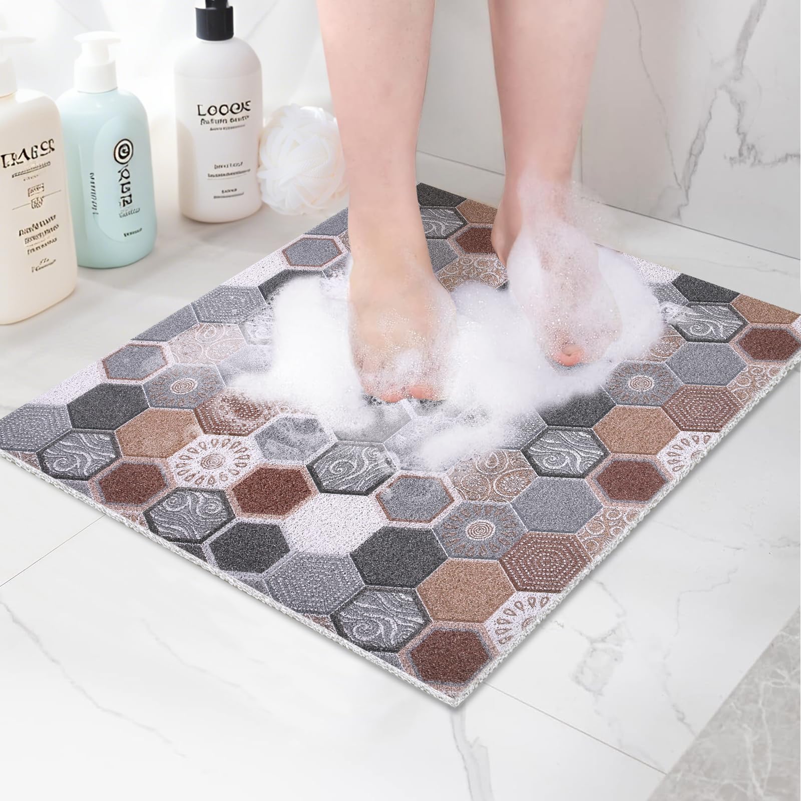 Square Shower Mat 60x60cm Non Slip Anti Mould Bathmat for Inside Shower, Loofah Shower Mat for Inside Bath, Soft Massage Mat for Bathroom Wet Areas, Anti-Slip Bathtub Mat Washable Cuttable Quick Dry