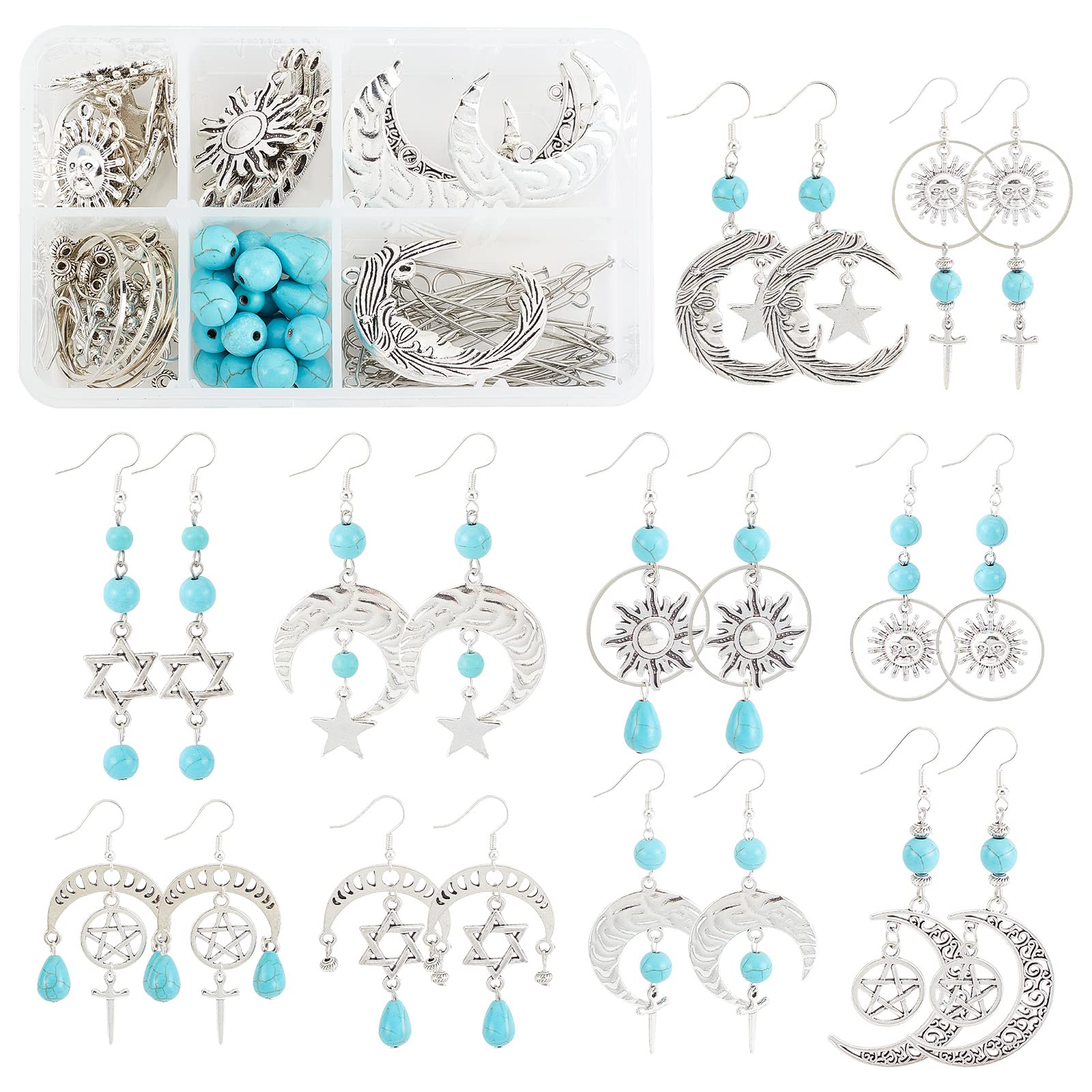 SUNNYCLUE 1 Box DIY 10 Pairs Star Moon Sun Dangle Earrings Making Kit Turquoise Beads Jewelry Making Accessories Supplies Bohemian Style Charms DIY Making Kits for Beginner Adults Silver Instruction — image 1