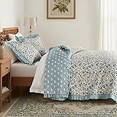 HORIMOTE HOME Ruffled Floral Quilt Set Queen Size, Blue Cottage Shabby Chic Botanical Coverlets, Soft Microfiber Lightweight Reversible Bedspreads for All Season, 3 Pieces Bedding Set