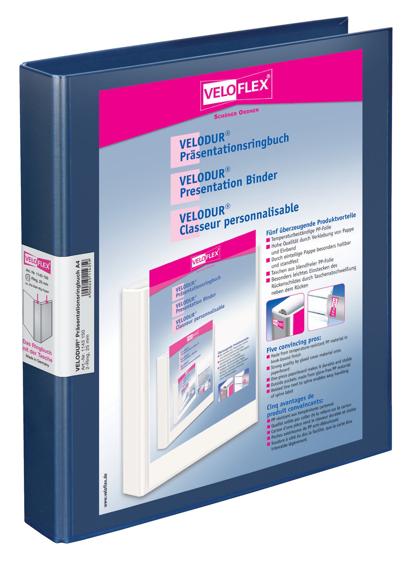 Veloflex 1143150 Velodur Presentation Binder DIN A4 2 D-Ring Mechanism 25 mm Wide with Wide Spine Pocket