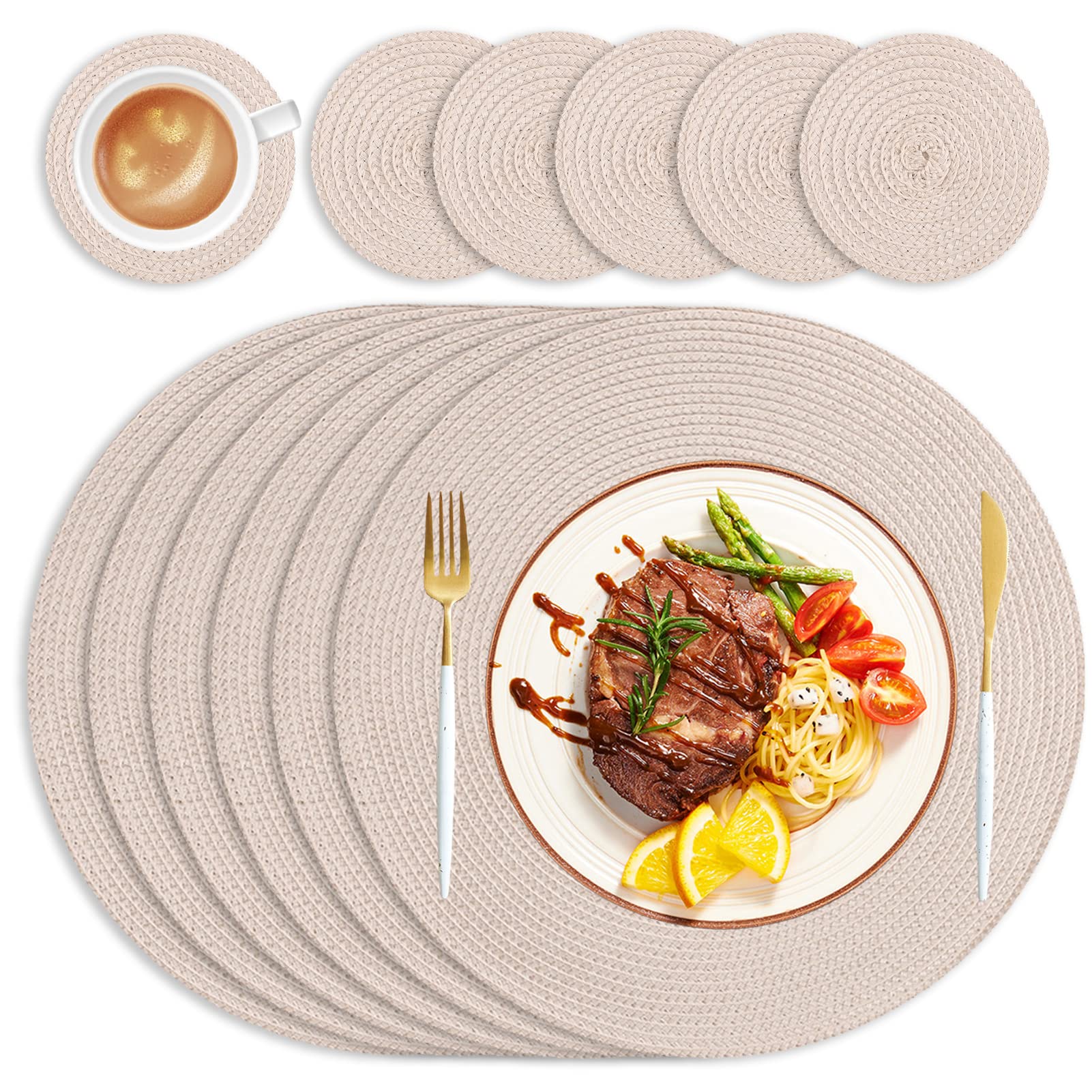 wiipara Round Woven Placemats Set of 6 Heat Resistant Round Braided Table Mats, 34 cm Washable Placemats and Coaster Sets for Dining/Kitchen Table, Party, Wedding, Beige