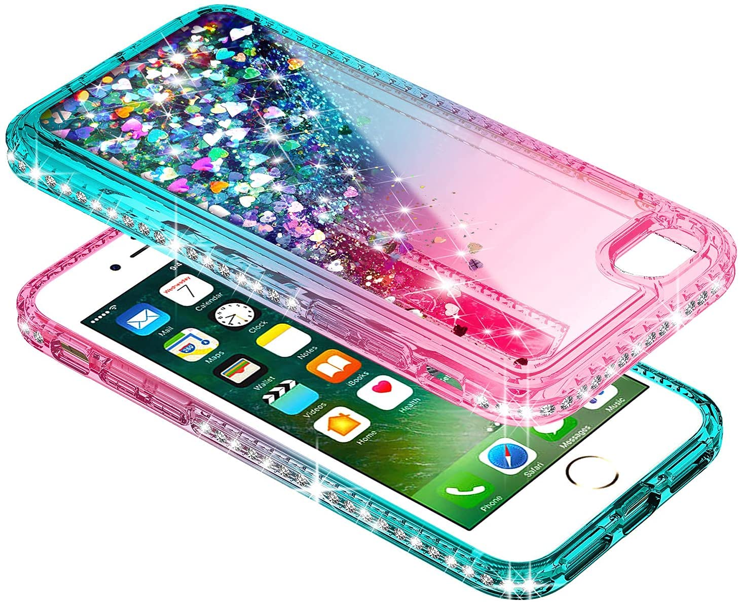 NGB Designed for iPhone SE (3rd 2022 & 2nd Gen 2020)/iPhone 8/7/6/6S Case, Pink/Aqua | Glitter Liquid Cute Cover for Women Girls Kids | with Tempered Glass Screen Protector & Ring Holder-Wrist Strap