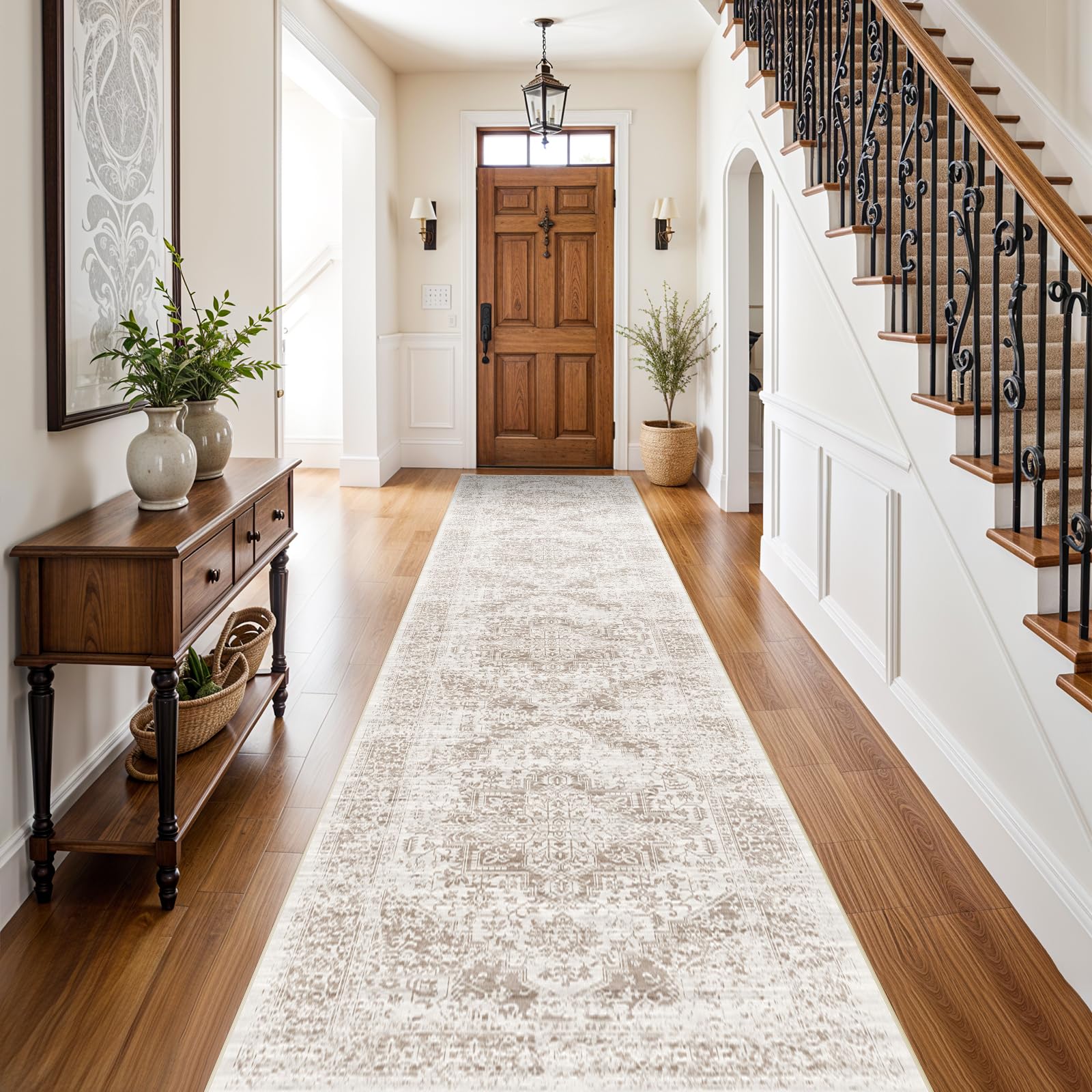 Photo 1 of EISUROM Washable 2'6''x12' Runner Rug - Non-Slip Vintage Runner Rug for Entryway Low-Pile Medallion Long Rugs for Hallway Waterproof Traditional Runner Rugs Indoor Thin Rug for Kitchen (Cream/Beige)