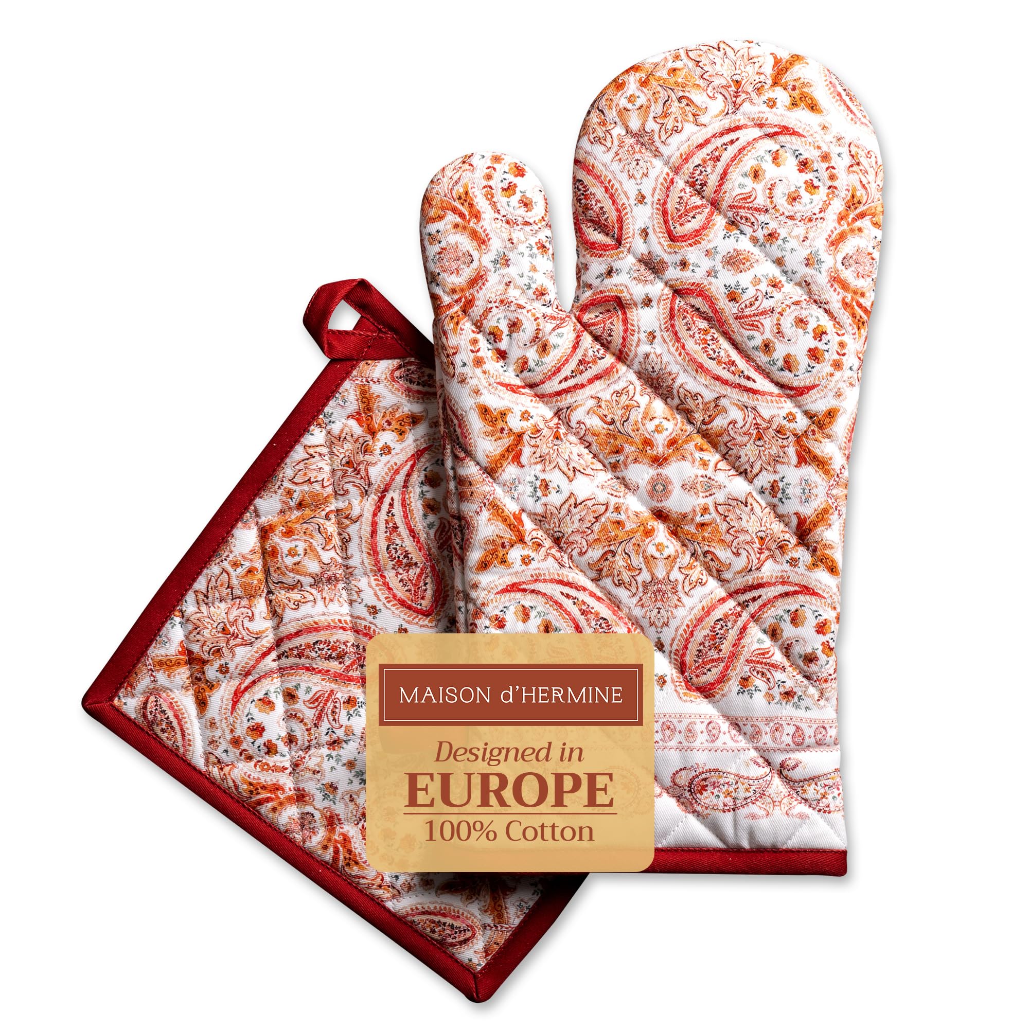 Maison d' Hermine 100% Cotton Oven Mitt & Pot Holder Set (19 x 33 cm & 20 x 20 cm) Heat Resistant BBQ Cooking Gloves with Loop for Christmas Decorations Baking Handling Hot Pans (Orient)