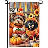 BlissYard Fall Garden Flag 12x18 Inch Yorkshire Terrier Dachshund Pumpkin Sweater Dog Flag Double Sided Autumn Yard Banner Outdoor Decoration for Porch Lawn Patio Harvest Welcome