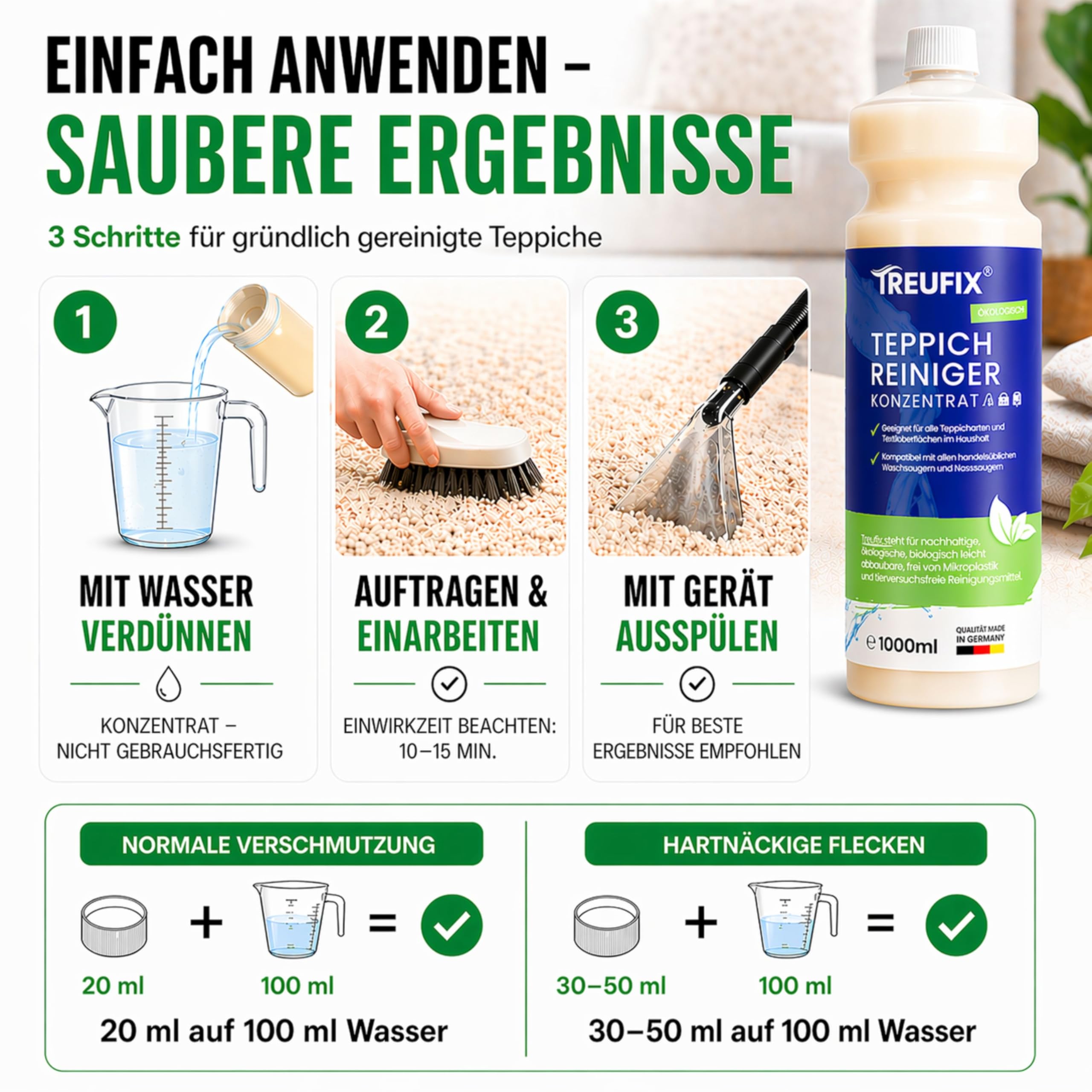 Treufix Teppichreiniger & Polsterreiniger Konzentrat für alle Teppichböden und Polster | Effektives Teppich Reinigungsmittel 1L | Geeignet für alle Waschsauger und Nasssauger | Made in DE 5