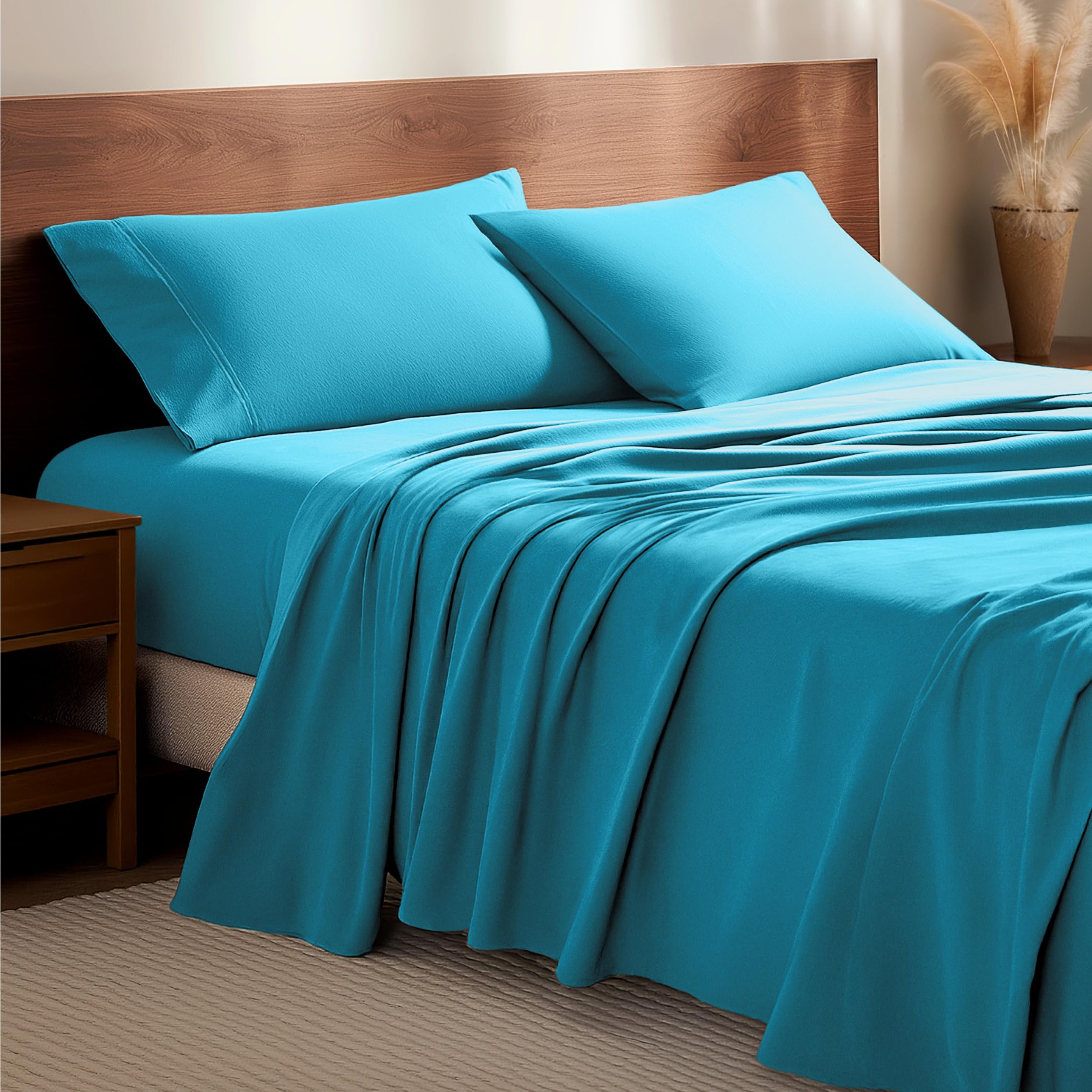 Bare Home Flannel Sheet Set 100% Cotton, Velvety Soft Heavyweight - Double Brushed Flannel - Deep Pocket (Twin, Aqua)