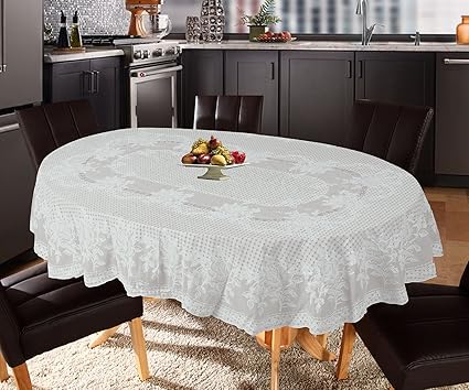 Katwa Clasic - 54 x 78 (Oval) Rose Lace Vinyl Tablecloth (White)