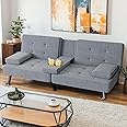 Shahoo Modern Linen Upholstered Convertible Folding Futon Sofa Bed with Removable Armrests, Metal Legs, 2 Cup Holders for Living Room, Dark Grey