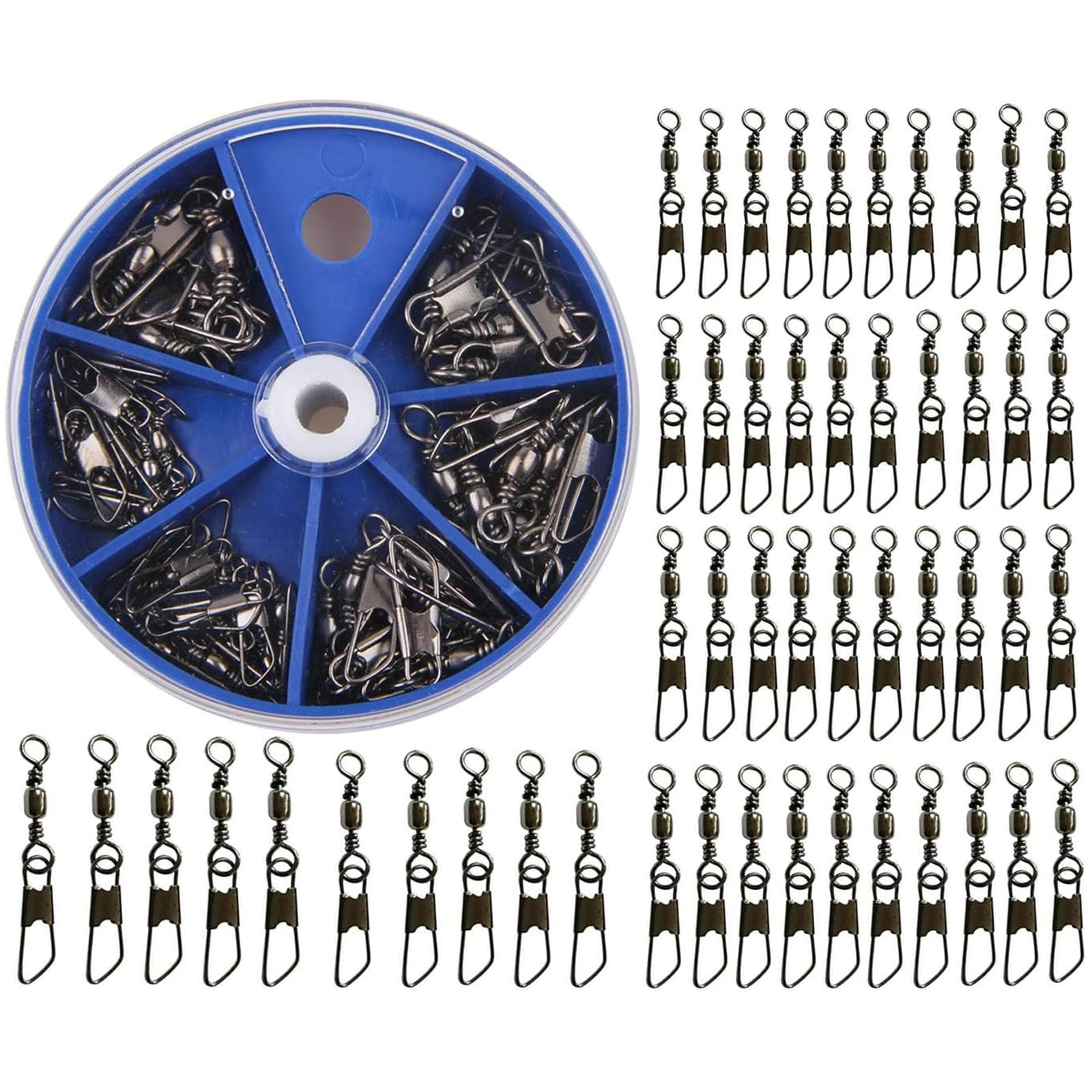 JSHANMEI Fishing Barrel Swivel Snap Kit, 50pcs Barrel Swivels with Safety Snaps High Strength Fishing Quick Connect Snap Swivels with Solid Ring Fishing Tackle Accessories Box Kit