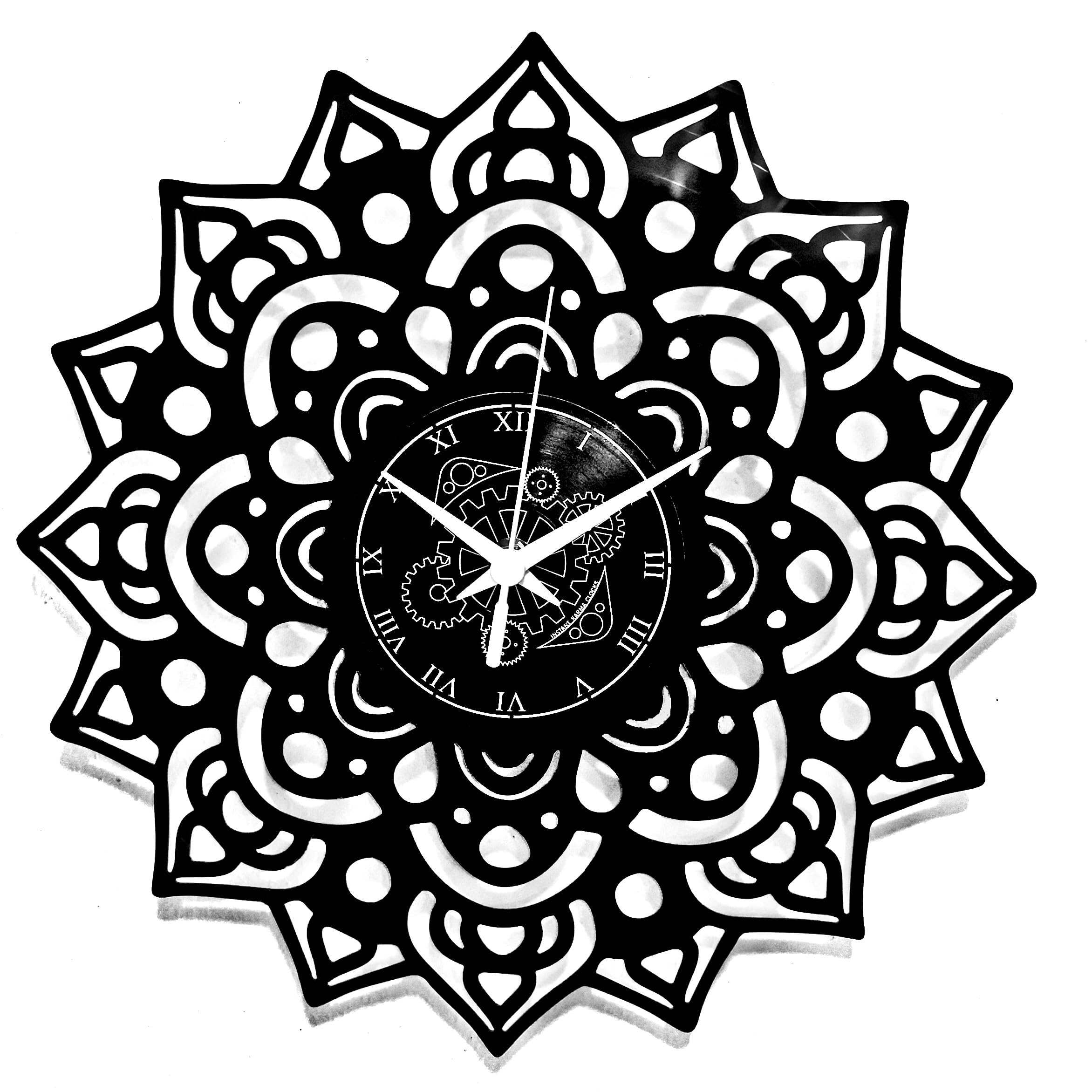 Instant Karma Clocks Vinyl Wall Clock Mandala Decorative Flower Artwork Life Art Yoga Zen Meditate, Black