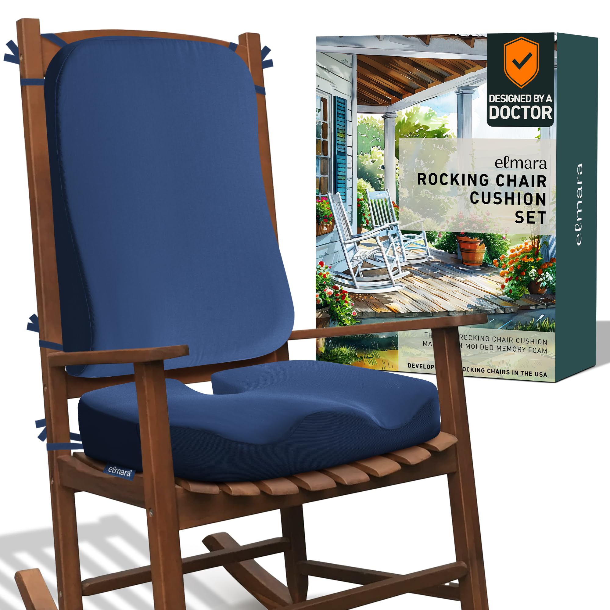 Photo 1 of Elmara Doctor-Designed Rocking Chair Cushion Set is The Ultimate Comfort Solution – Contour Jumbo Memory Foam Cushions – Rocking Chair Cushions Indoor – Durable Outdoor Rocker Cushions (Navy Blue)