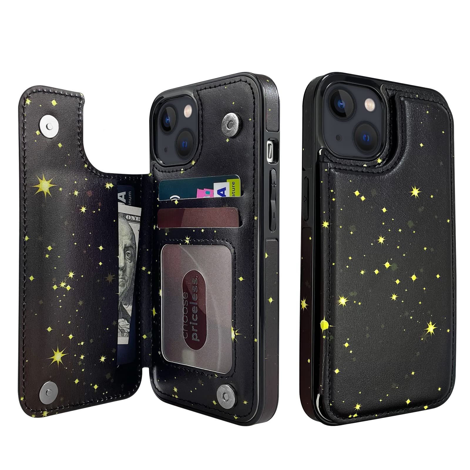 TopPerfekt Flip Leather Wallet Case Card Holder Compatible with iPhone 13 6.1" Women and Girls with Card Holder Kickstand Double Magnetic Clasp Black Starry Pattern — image 1