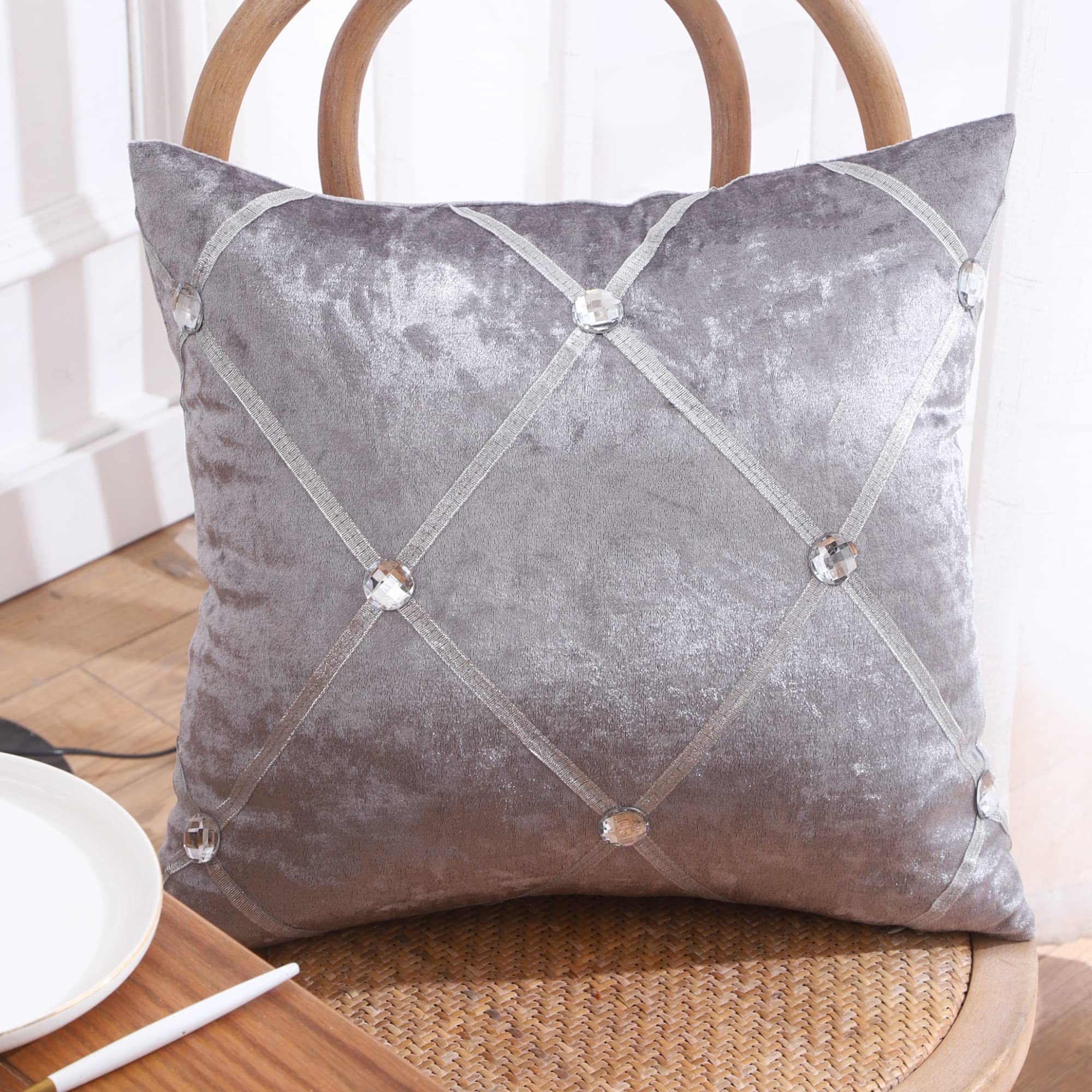 RKAAS HOME Pack of 4 Super Soft Decorative Luxurious Diamante Diamond Design Crushed Ice Velvet Square Cushion Cover for Living Room Sofa Couch Bed 45cm x 45cm 18x18 Inches (Pack of 4 - Silver Grey) — image 1