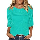 KISSMODA Women's Casual 3/4 Sleeve T-Shirts Round Neck Cute Tunic Tops Basic/Pleated Summer Tops Trendy Spring Blouses
