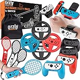 Orzly Sports Family Party Pack Accessories Bundle designed for Nintendo Switch and OLED Console Games with Tennis Badminton Rackets, Controller Grips, Wheels & Wrist Dance Bands - With Carry sack