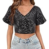 Testudineus Womens Sequin Ruffle Tops Short Sleeve Sparkly Crop Shirt Glitter Concert Disco Party Club Top Tee