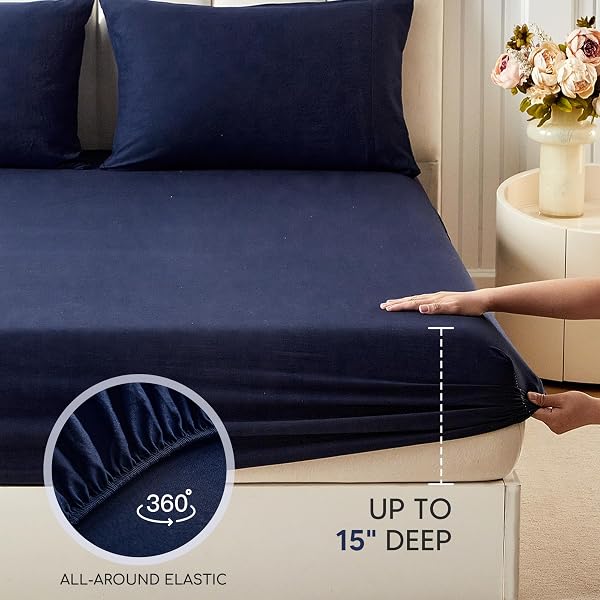 TOKOKIMO KING SHEET SET 4 PIECE, SUPER SOFT WASHED COTTON-LINEN FEEL MICROFIBER, 16″ DEEP POCKET FITTED SHEET, 1 FLAT SHEET, 2 PILLOWCASES, BREATHABLE BED SHEETS, NAVY BLUE