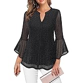VALOLIA Women's 3/4 Sleeve Dressy Blouses Shirts Casual Loose Fit Mesh Layered Flowy Tunic Tops