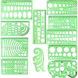 11PCS Geometric Drawings Templates, Drafting Stencils Measuring Tools, BetyBedy Plastic Clear Green Ruler Shapes with a Zippe
