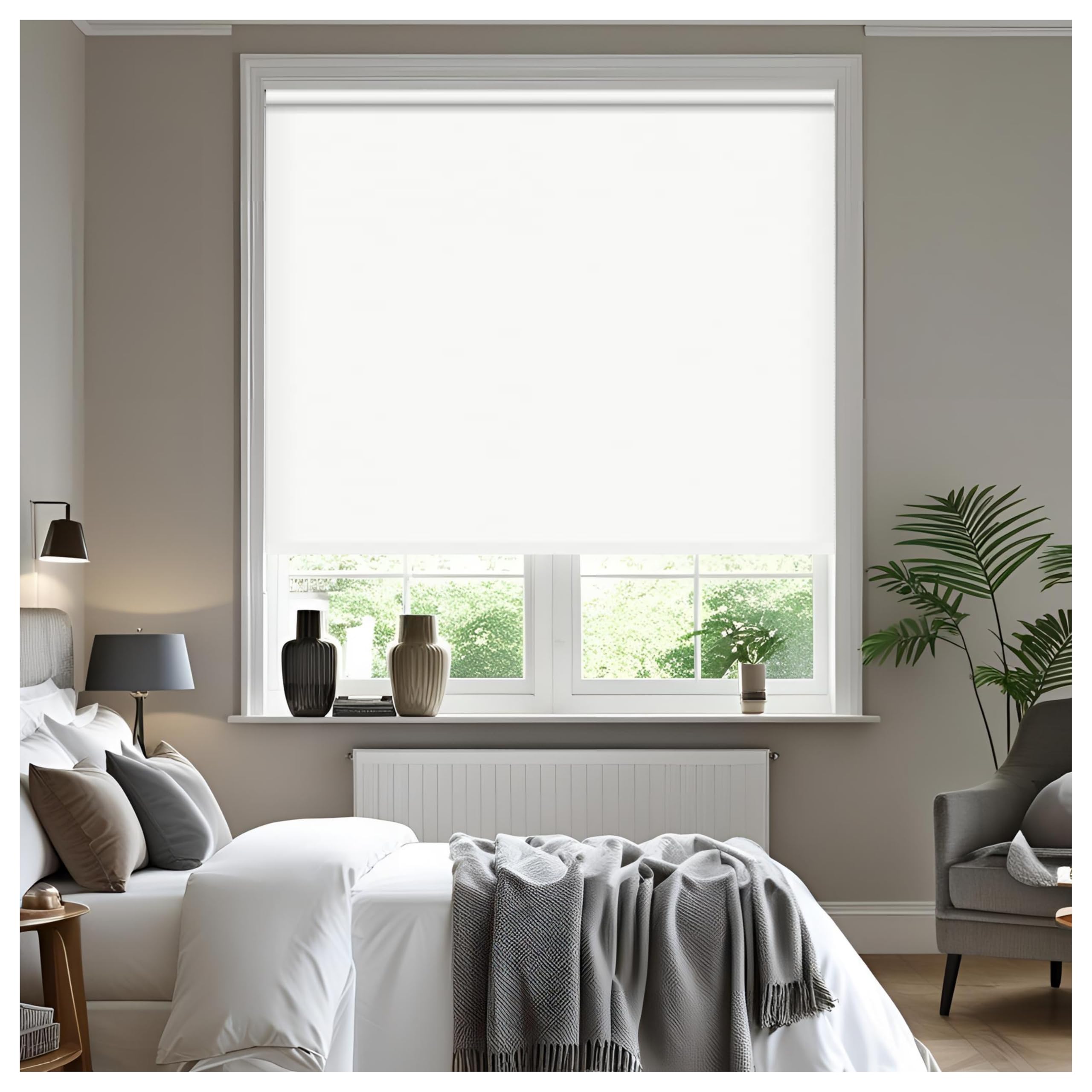 Thermal Insulated Blackout Fabric Roller Blinds, Easy Fit Room Darkening Shades Fittings Included White (Width 120cm x Length 165cm, Thermal Blackout, White), BK004