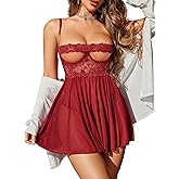 Avidlove Sexy Underwire Lingerie Lace Chemise Sheer Mesh Nightgown Babydoll Lingerie Dress With Thong S-XXL