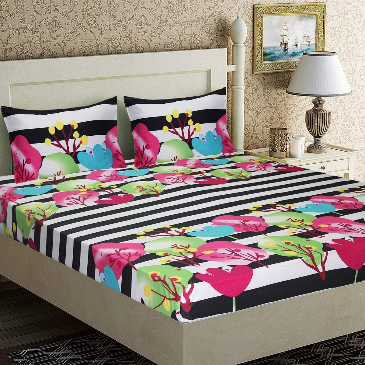 Home Candy 120 TC Microfibre 1 Bedsheet & 2 Pillow Covers, Geometric, Double, Blue;Orange