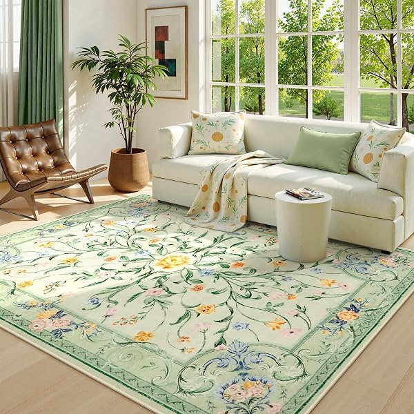 MOREBES 5X7 SAGE GREEN AREA RUGS, WASHABLE FLORAL NURSERY RUG NON SLIP, SOFT LOW PILE INDOOR FLOOR CARPET FOR LIVING ROOM DINING PLAYROOM HOME (SAGE GREEN 5’X7′)