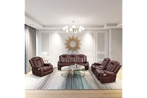 AYCP Multifunction Power Air Leather Recliner Sofa Set with LED Lights, Living Room Furniture, Reclining Sofa, loveseat, Chair with USB Port/Storage (Brown, 3 Pieces)