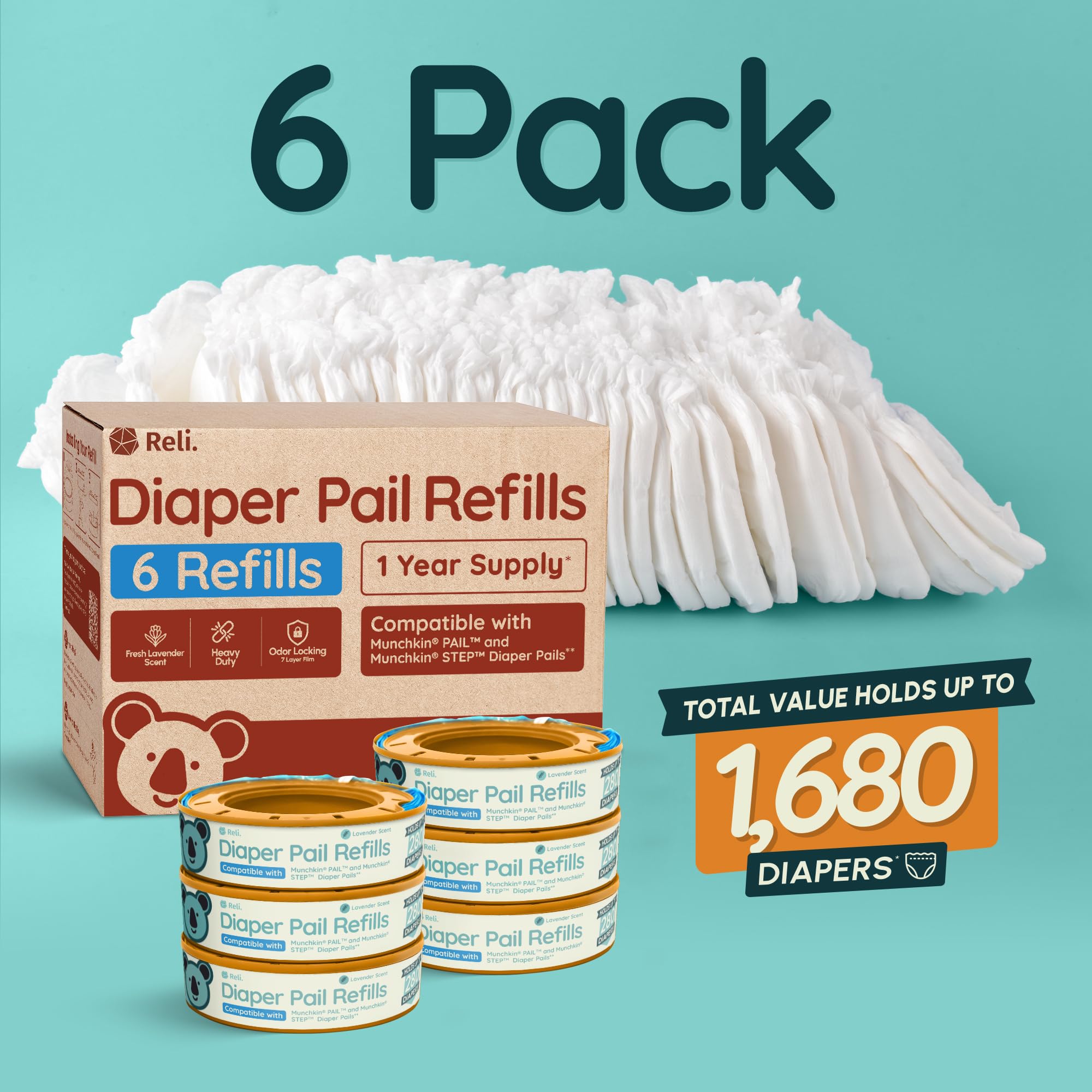 Reli. Diaper Pail Refill Bags, Compatible with Munchkin Step, Pail (6 Pack) | Pail Refills w/Lavender Scent | Odor Blocking, Strong, Easy Replacement | Holds up to 1,680 Diapers