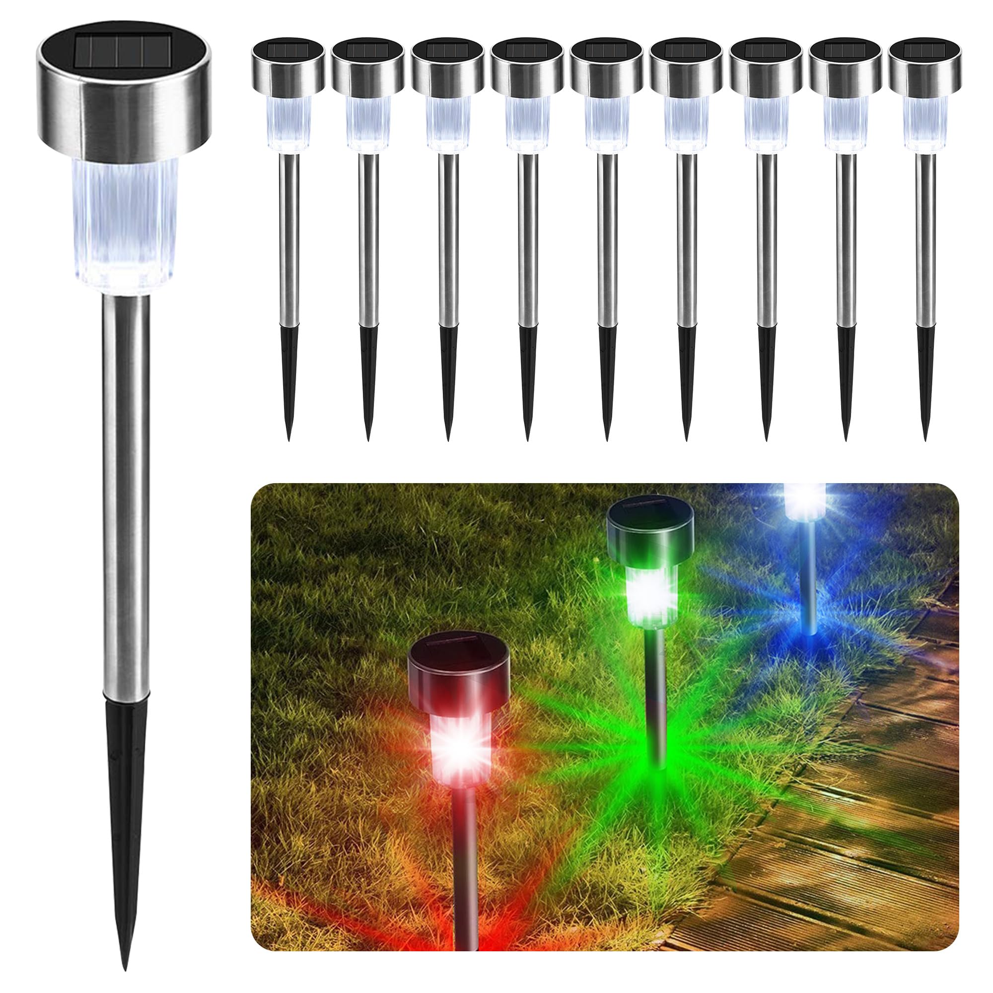 CUQOO Solar Garden Stake Lights – 10 Pack Colour-Changing LED, Weatherproof Stainless Steel Solar Lights for Outdoor Pathway Lighting – Rechargeable with Automatic Night Activation [Energy Class A+]