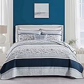 DUOHONG 100% Cotton Quilt Set King Size, King Quilt, Patchwork Striped Botanical Quilted Bedspread Lightweight Comforter for King Bed, 3pcs, Navy/Light-Blue/White