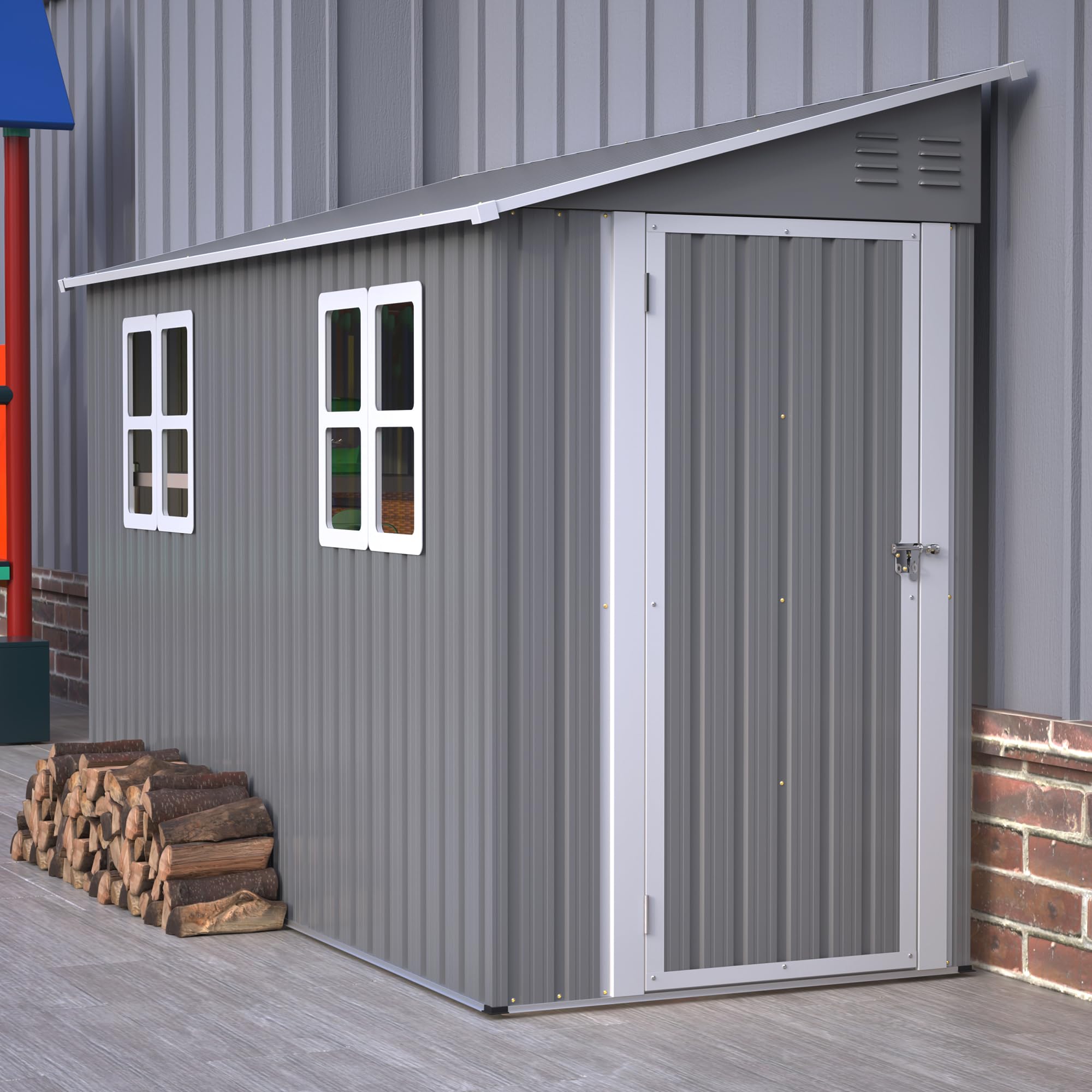 Photo 1 of LINKHOO 4 x 10 FT Metal Outdoor Storage Shed with Foundation and 2 Windows, Lean to Storage Sheds w/Lockable Door & Air Vents, All Weather Waterproof Garden Tool House for Backyard, Patio, Lawn, Gray