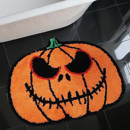 AEUEFUEA Pumpkin Shaped Bathroom Rug, Non-Slip Machine Washable Soft Absorbent Shaggy Floor Mat for Shower, Bath, Kids, Spooky Cute Holiday Decor 25 x 20 Inch
