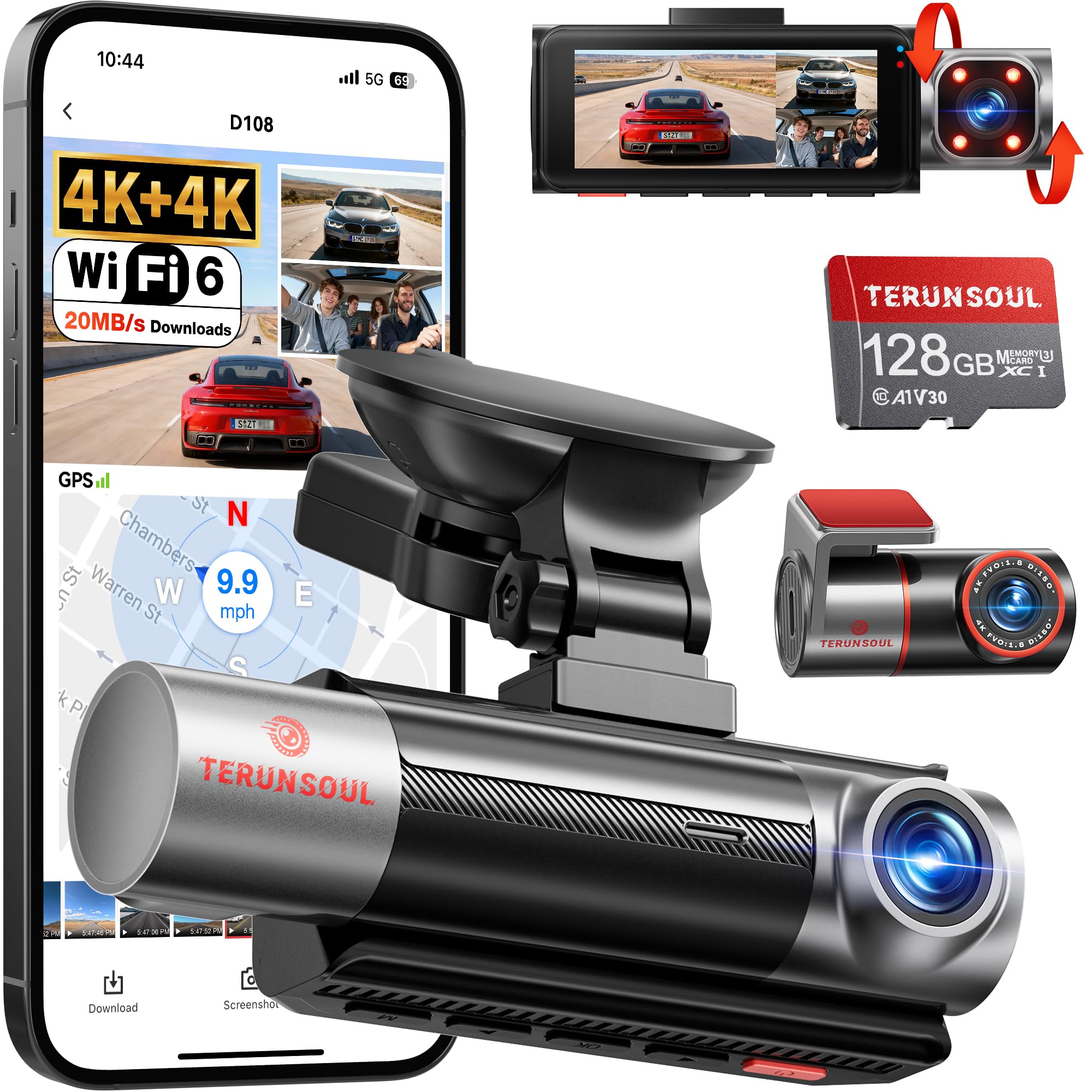 TERUNSOUl 4K+4K+1080P 3 Channel Dash Cam Front and Rear with Cabin, Free 128GB Card Included, 5.8GHz WiFi6 - up to 20MB/s, IR Night Vision, Built-in GPS, G-Sensor, 24H Parking Mode, Support 512GB Max Image
