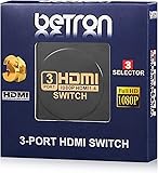 Betron HDMI Switch, Switcher 3 Port, Gold Connectors, 3D support, HDMI v1.4 for HDTV, PS3, Xbox One, 360, Bluray Player, DVD Player etc (HDMI Switch)
