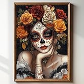 Sugar Skull Girl Wall Art Halloween Themed Prints Ghost Portrait Canvas Dark Academia Painting Mexican Skeleton Poster Witch Halloween Pictures Dark Moody Artwork Sugar Skull Wall Art 16x24in No Frame